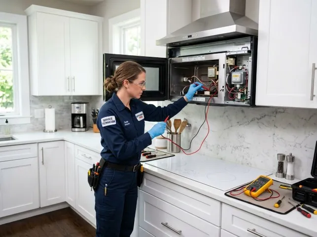 Appliance Repair Hero technician testing an over-the-range microwave in a Berkeley, CA kitchen
